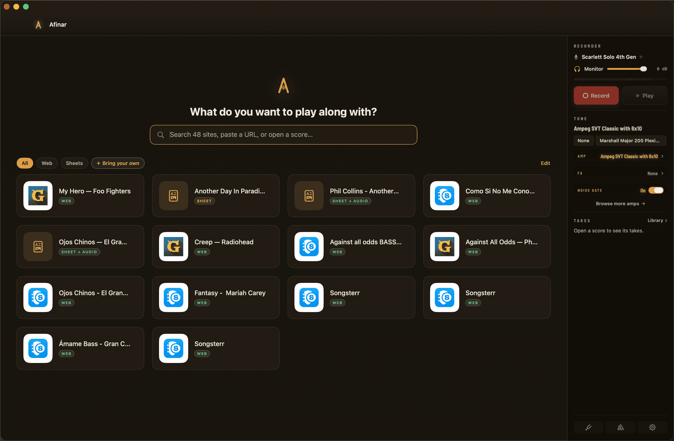 The start page: one search across your sites and saved scores.