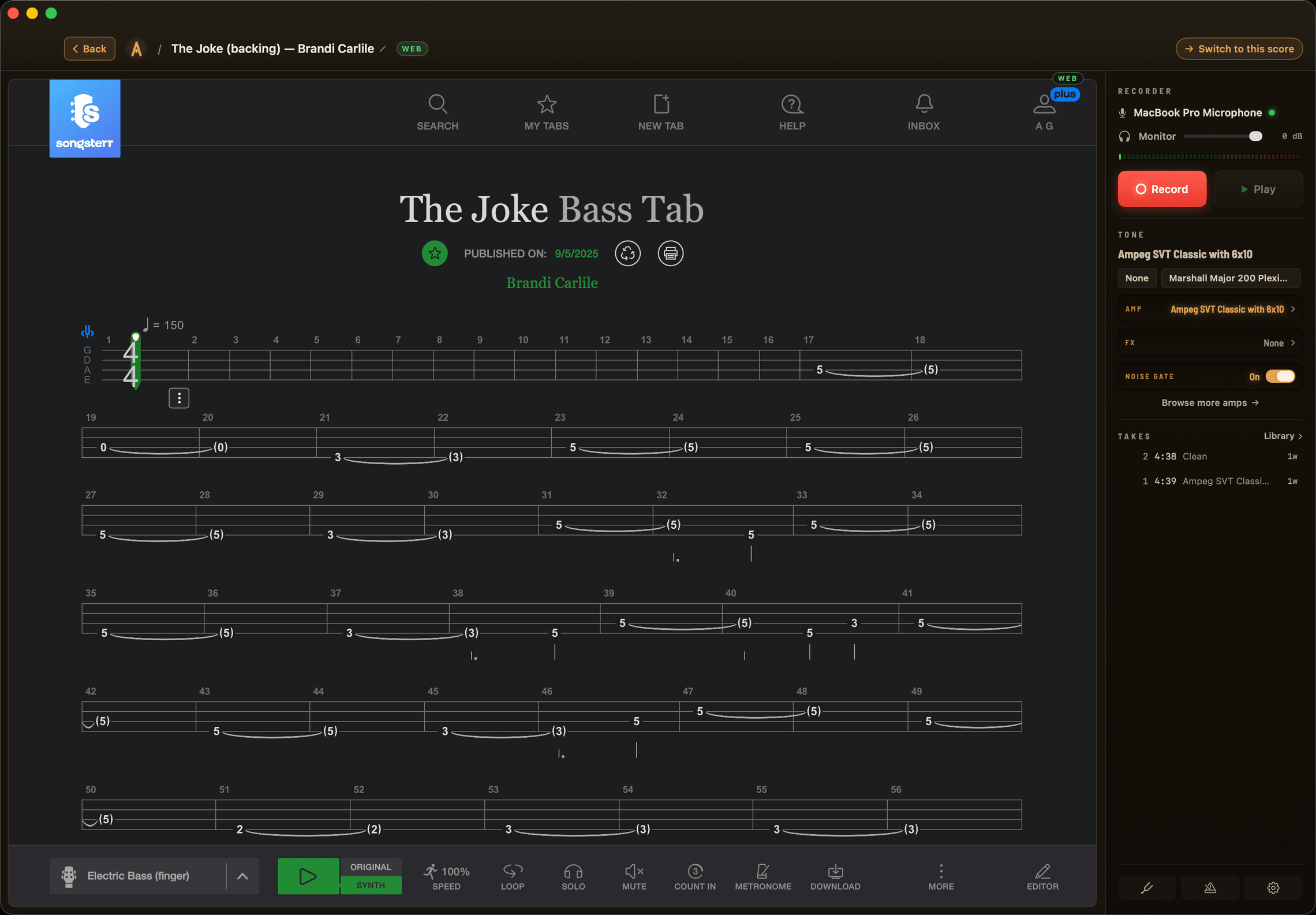 A tab open on the left, the recorder rail on the right — takes filed under the song.