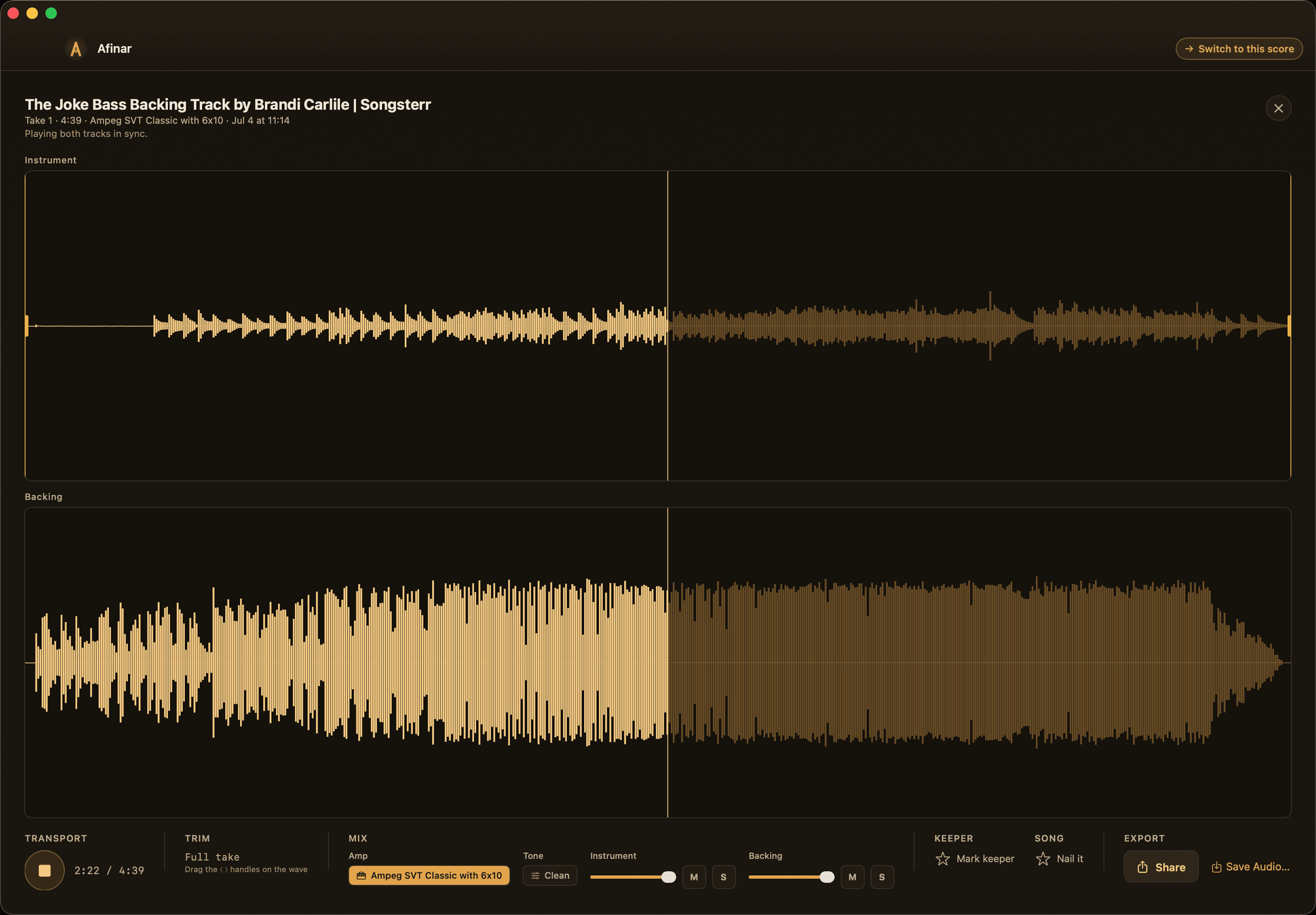 Listen back: you on one waveform, the band on the other, in sync.