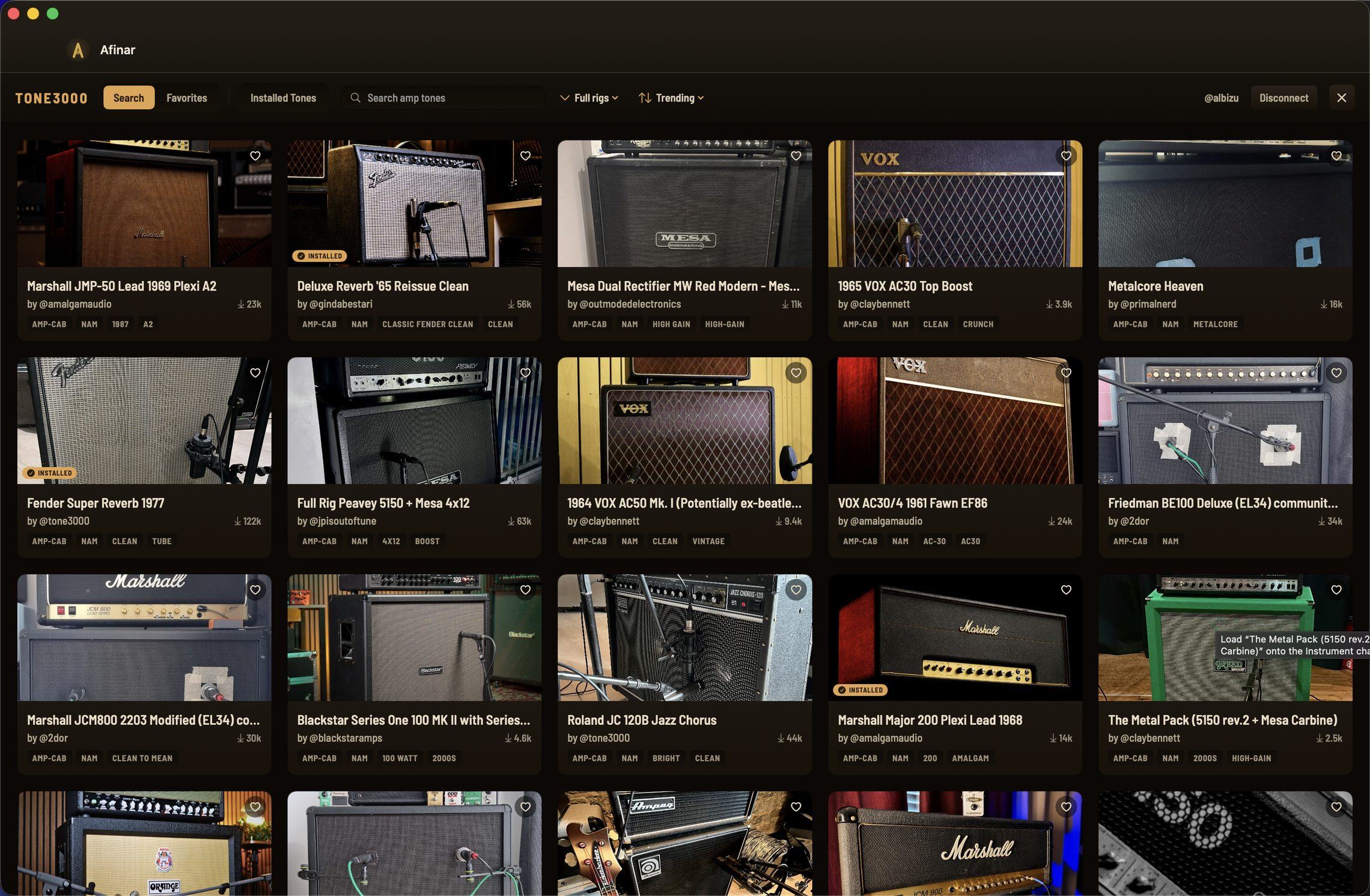 The Tone3000 library inside Afinar.