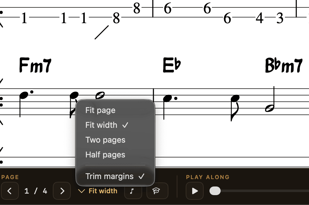 Display modes: fit page, fit width, two pages, half pages.