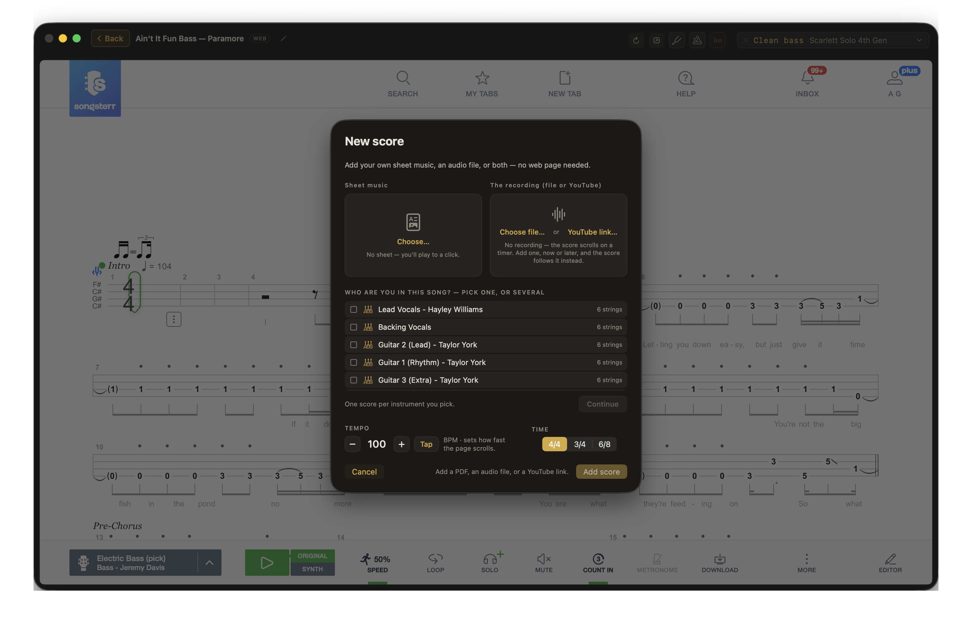 Afinar’s New score dialog with sheet music import, an audio file or YouTube link, instrument selection, tempo, and time signature.