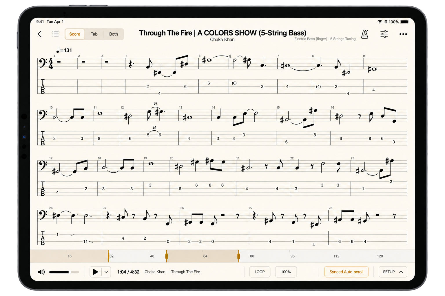 Afinar on an iPad, showing a score and tablature with music playback and a practice loop.