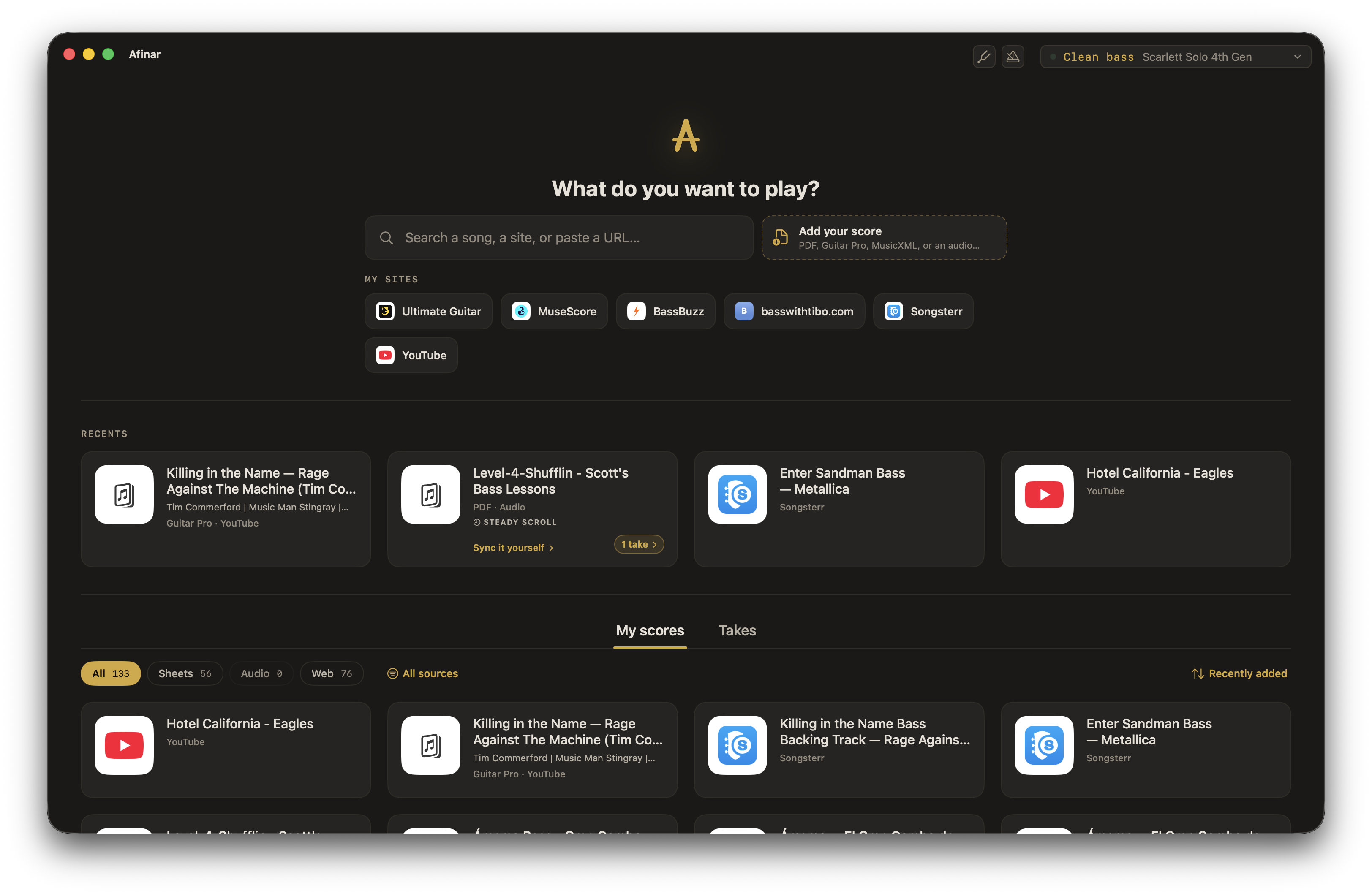The Afinar library with saved websites, recent pieces, scores, and takes.