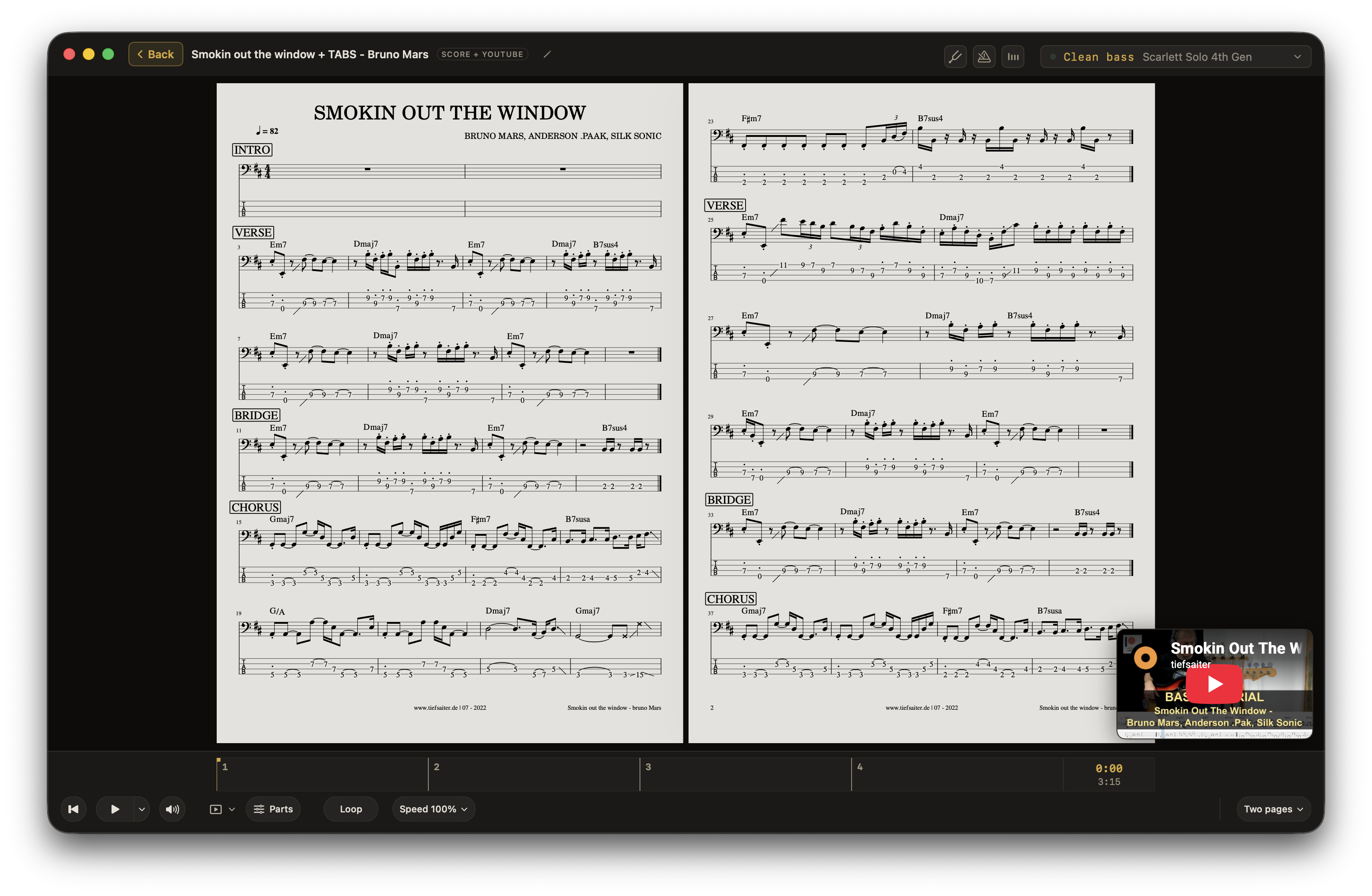 A two-page PDF score with an attached YouTube video open in Afinar.