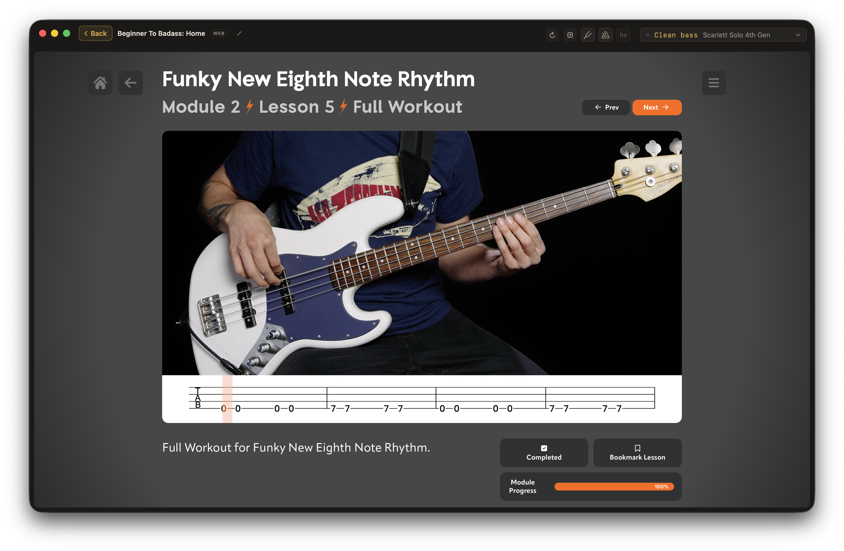 A bass lesson website with video and tablature open inside Afinar.