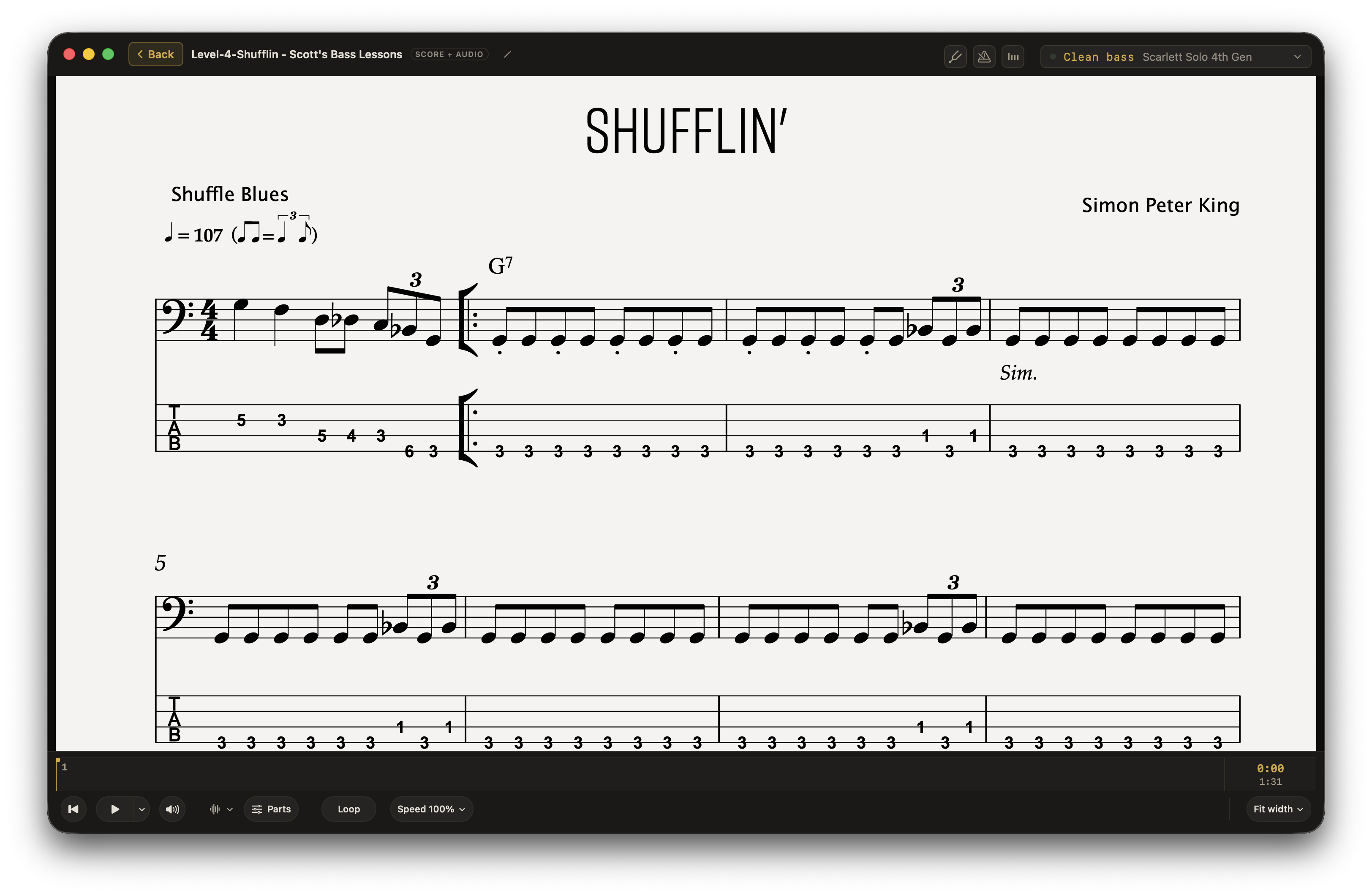 PDF sheet music open in Afinar with an attached audio file.