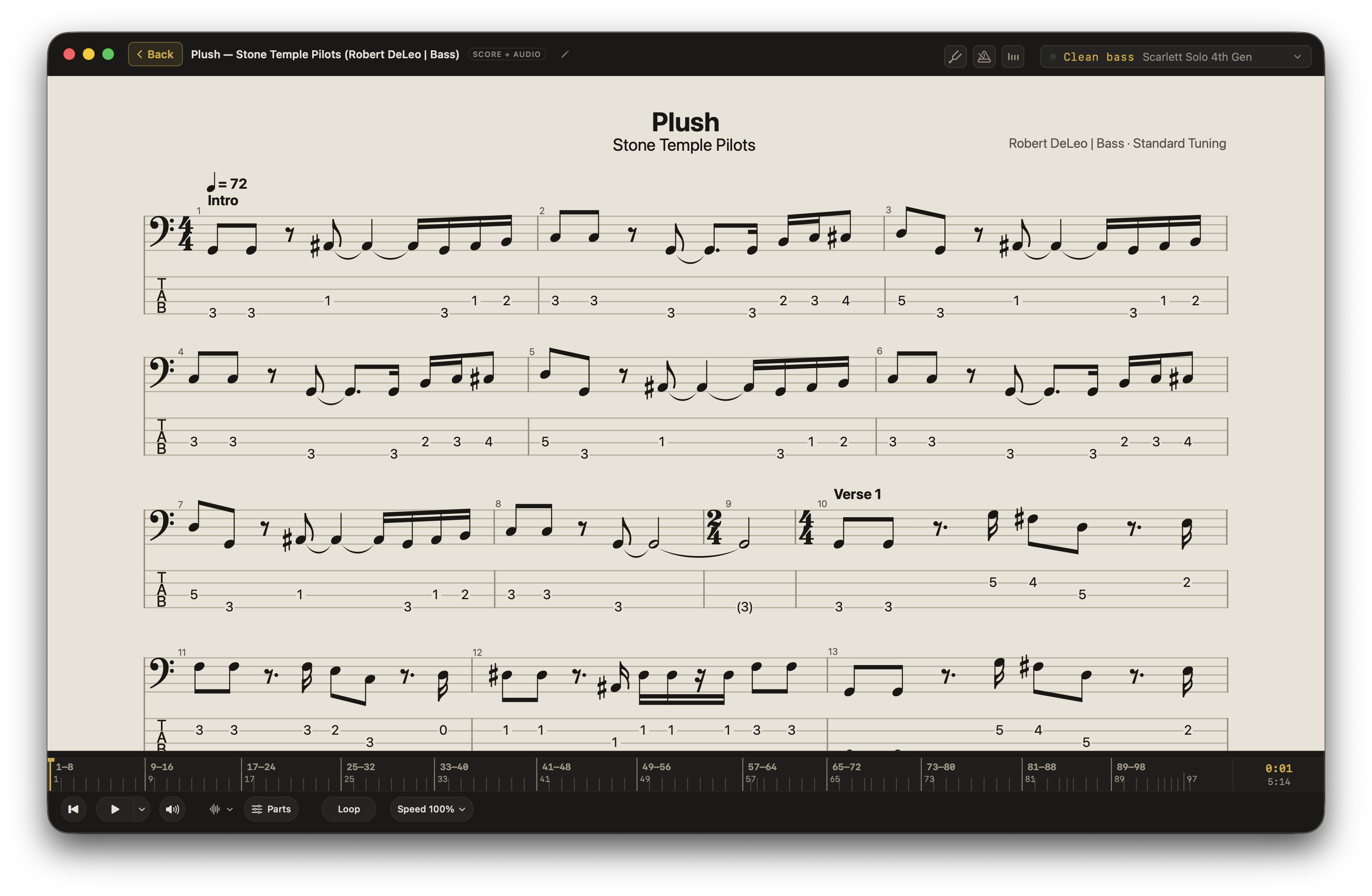 A bass score with notation, tablature, and an audio timeline in Afinar.