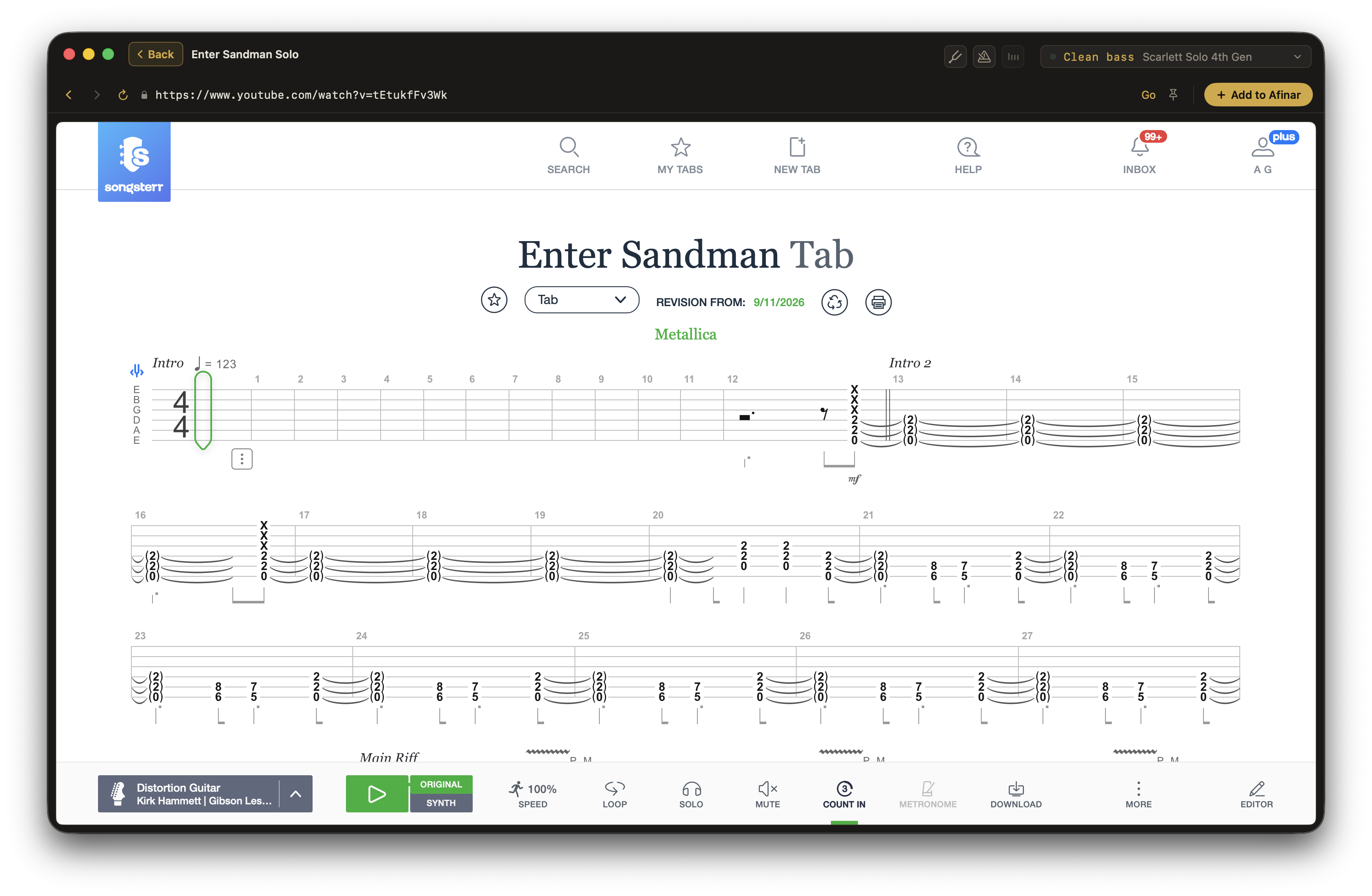 A Songsterr guitar tab and its playback controls open inside Afinar.