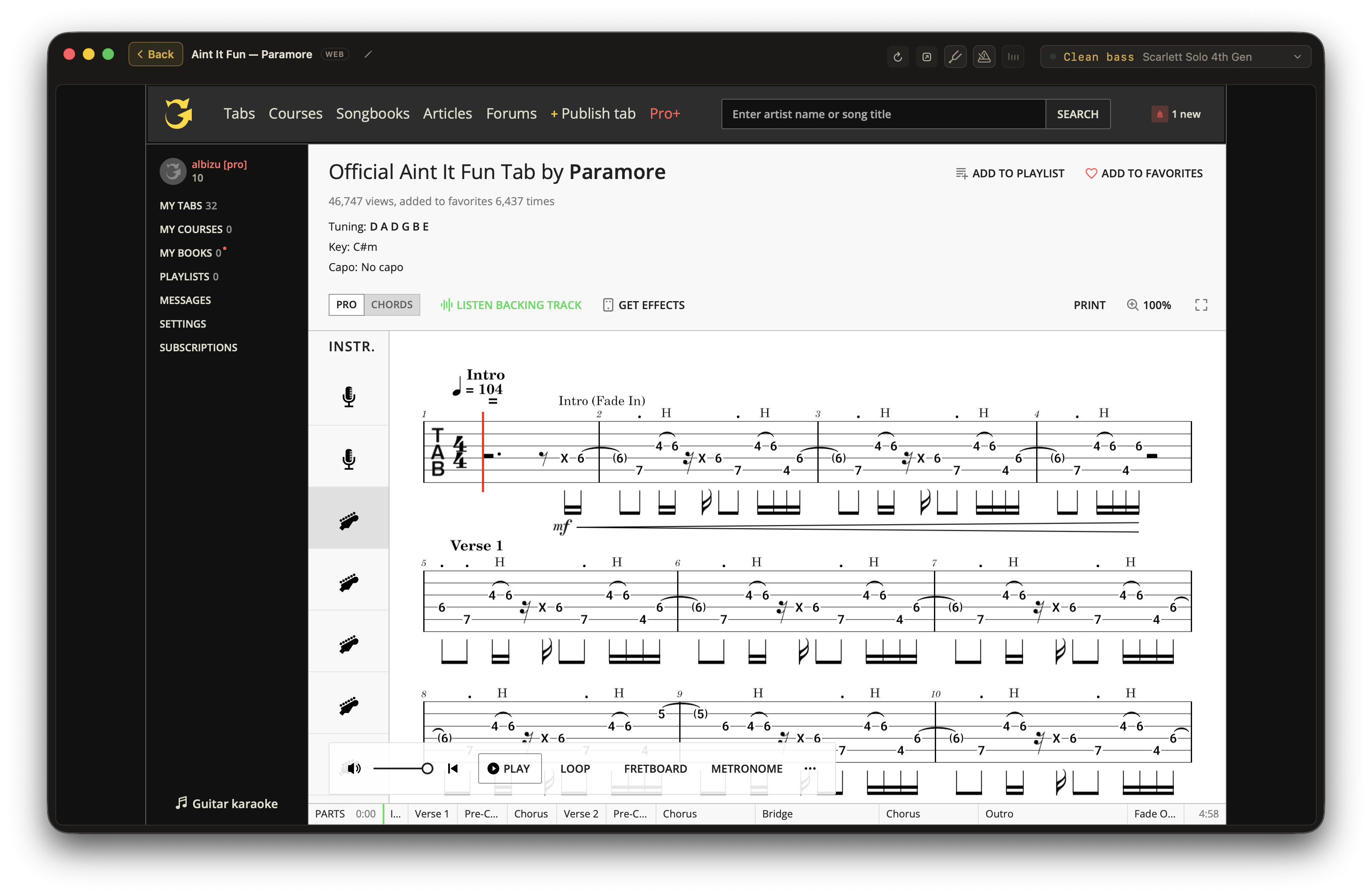 An Ultimate Guitar tab open inside Afinar.
